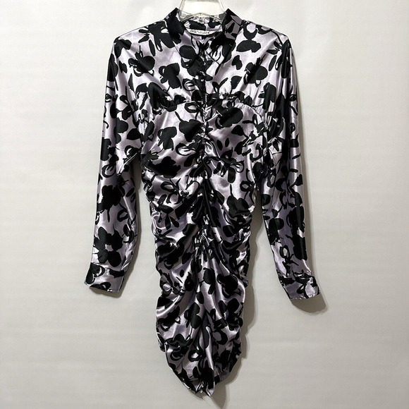 Zara Dresses & Skirts - Zara Satin Effect Ruched Dress L Zip Front Lavender Black Long Sleeve Sexy Club